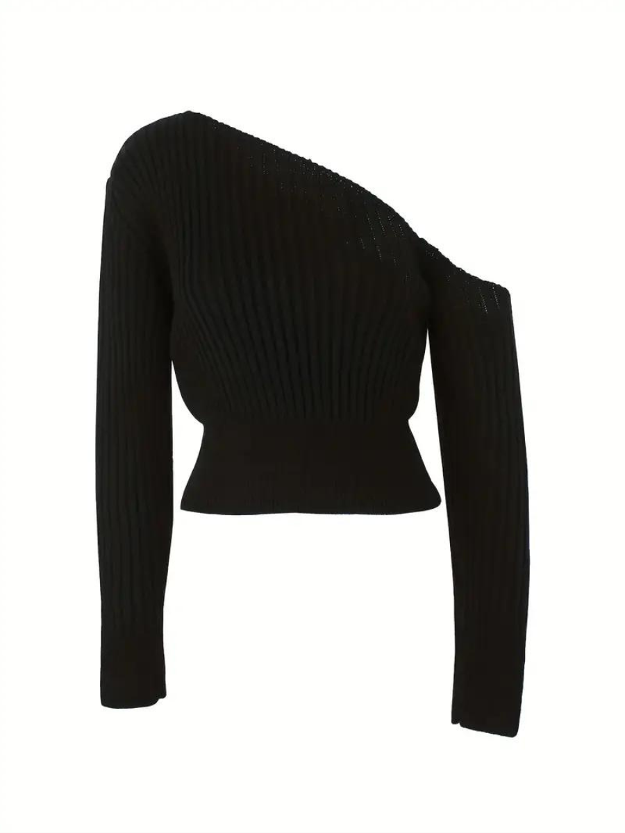 Peaches Trui | Geribde Gebreide One-Shoulder Cropped Trui