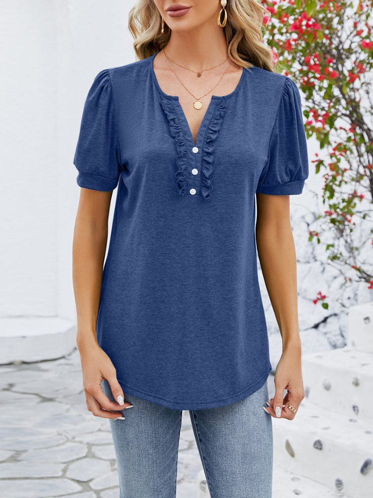 Vasila Blouse | Dames Herfst Blouse met Korte Mouwen, Knopen en Pofmouwen