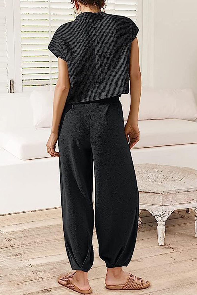 Vicky Set | Korte Mouw Gebreide Top en Broek Set