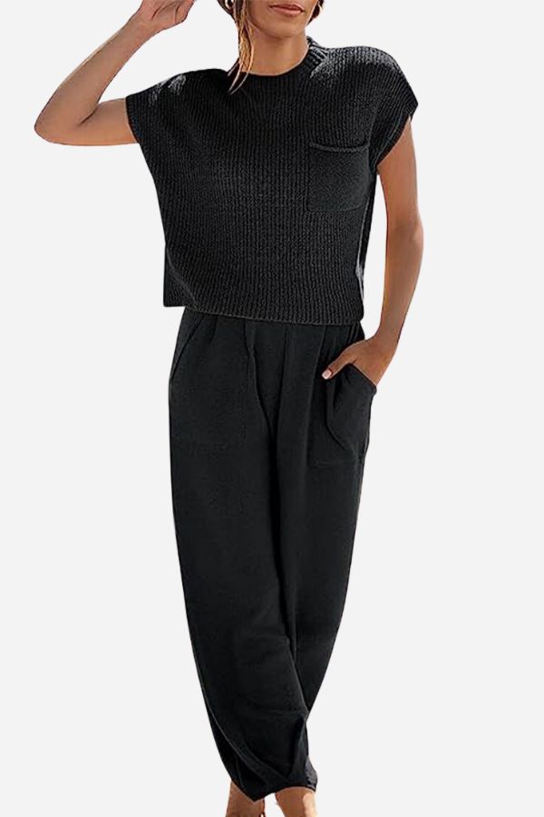 Vicky Set | Korte Mouw Gebreide Top en Broek Set