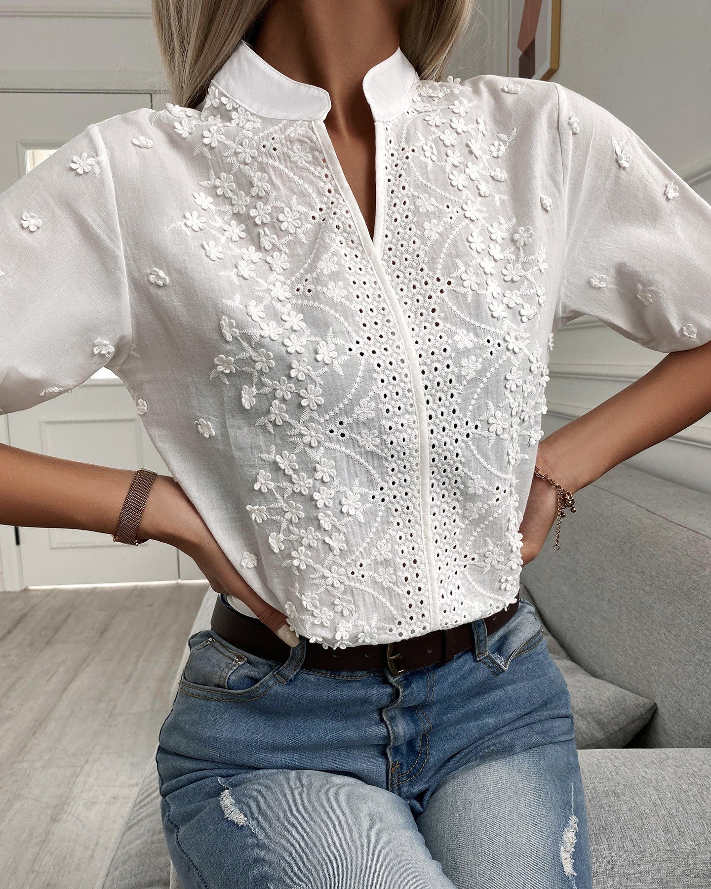 Wybina Blouse | Geborduurde Bloemen Kant Top