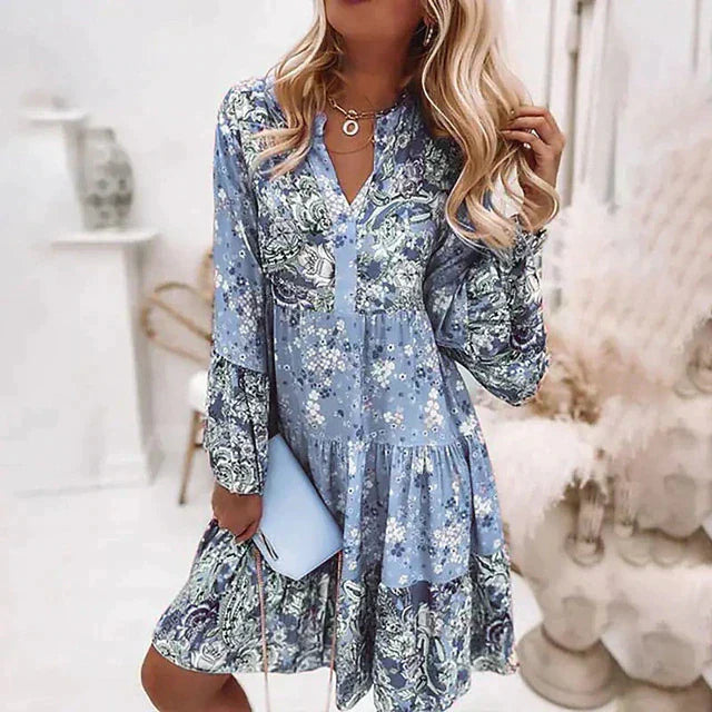 Ovita Jurk | Bloemenprint Lange Mouw Boho Mini Jurk