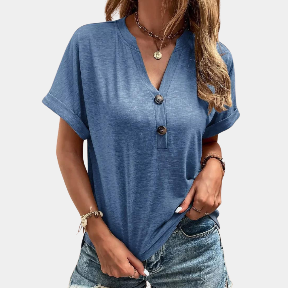 Venus Blouse | Dames Herfst Casual Blouse met Korte Mouwen, V-Hals en Knopen
