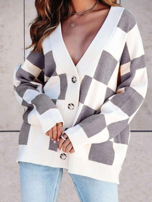 Aiva Vest | Herfst Gebreid Vest met Ruitpatroon en Knoopsluiting