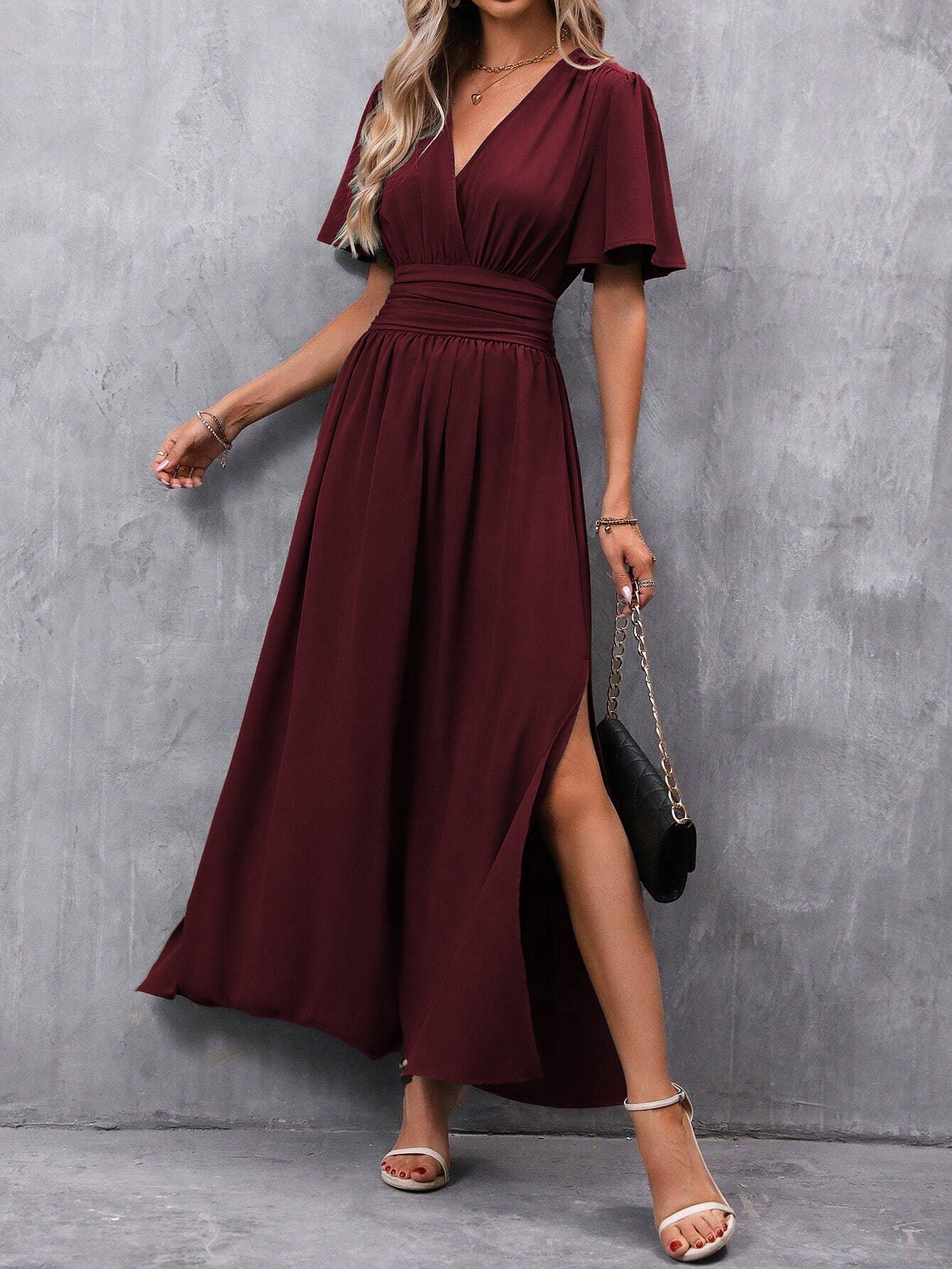 Vickie Jurk | Dames Herfst Maxi Jurk met Korte Mouwen, V-Hals en Split