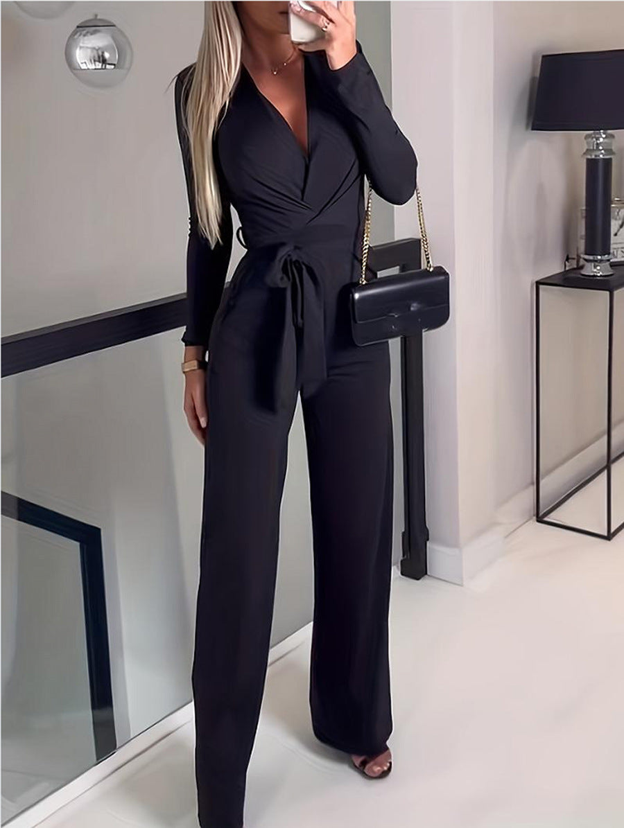Vernice Jumpsuit | Dames Herfst Jumpsuit met Lange Mouwen, V-Hals, Wrap Design en Wijde Pijpen