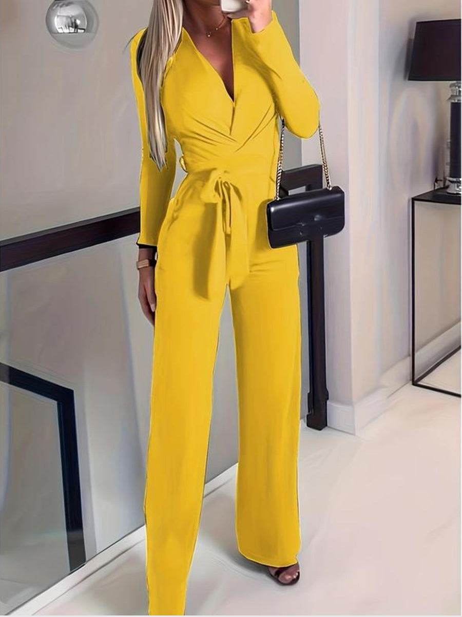Vernice Jumpsuit | Dames Herfst Jumpsuit met Lange Mouwen, V-Hals, Wrap Design en Wijde Pijpen