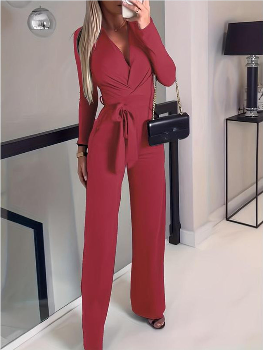 Vernice Jumpsuit | Dames Herfst Jumpsuit met Lange Mouwen, V-Hals, Wrap Design en Wijde Pijpen