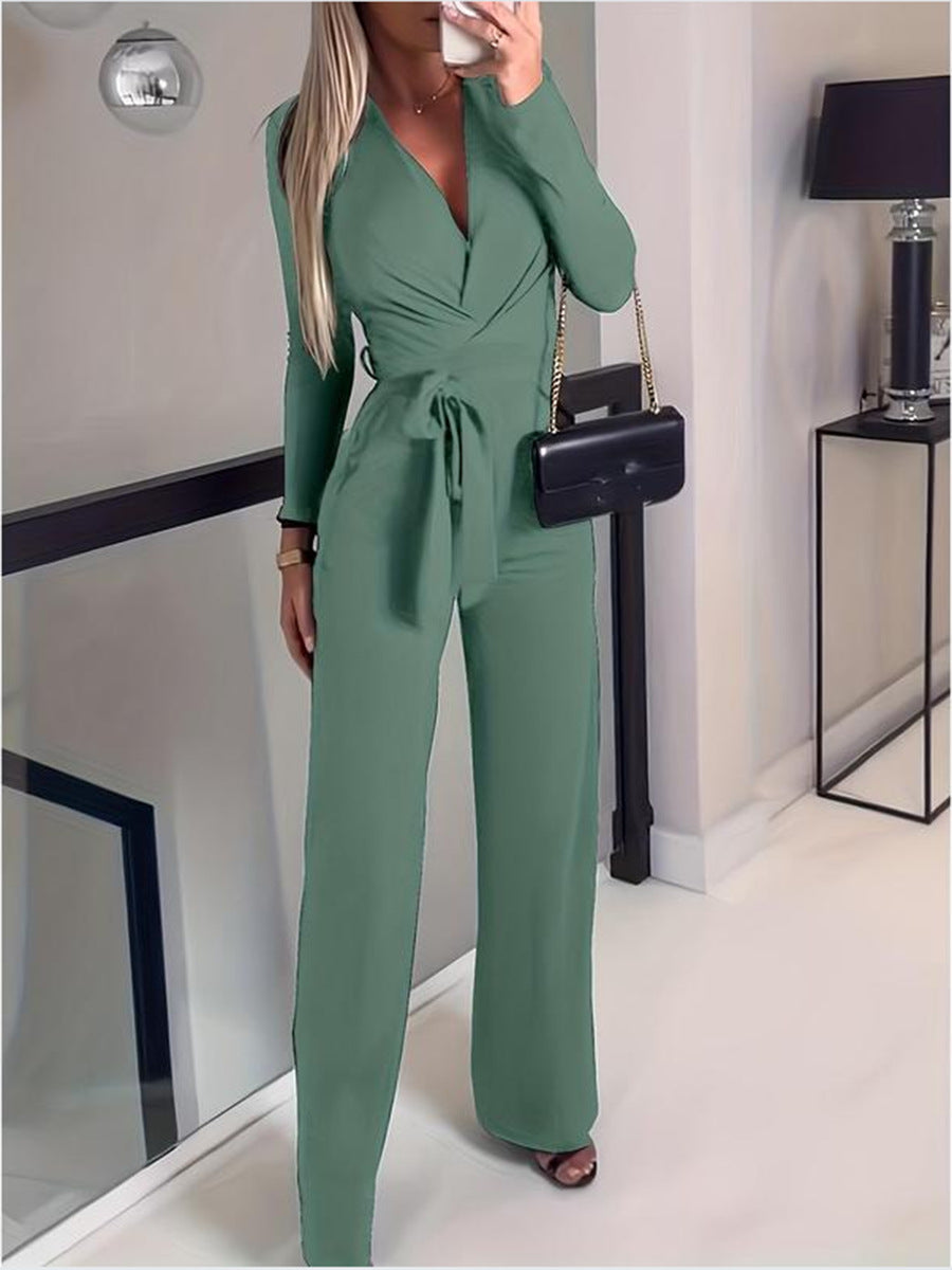 Vernice Jumpsuit | Dames Herfst Jumpsuit met Lange Mouwen, V-Hals, Wrap Design en Wijde Pijpen