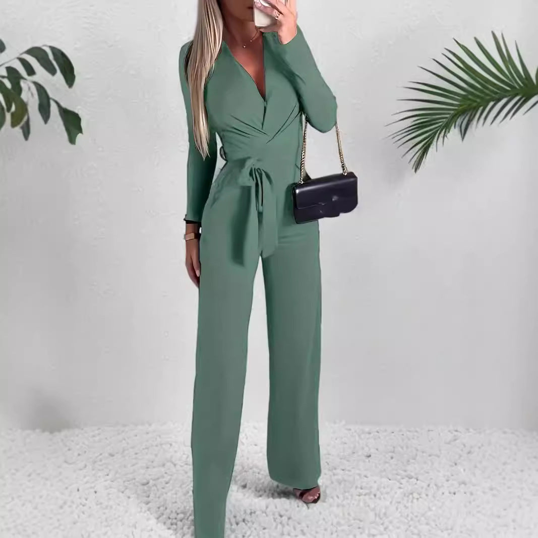 Vernice Jumpsuit | Dames Herfst Jumpsuit met Lange Mouwen, V-Hals, Wrap Design en Wijde Pijpen