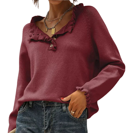 Alaya Jumper | Herfst Gebreide Jumper met Gerafelde Kraag en Lange Mouwen