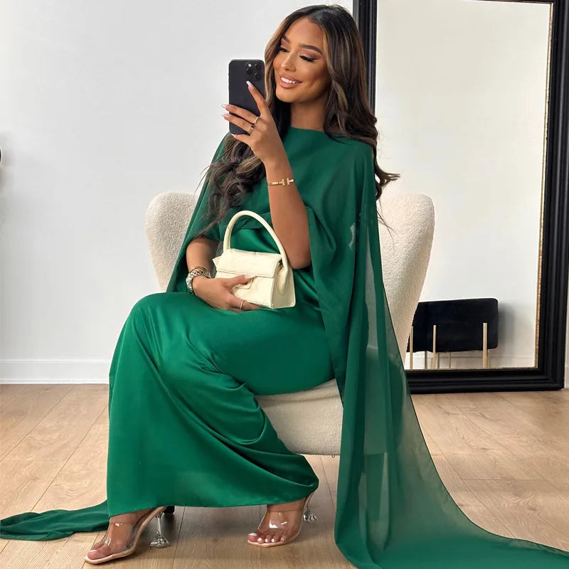 Qimmi Jurk | Lange Abaya Jurk van Satijn met Capemouwen