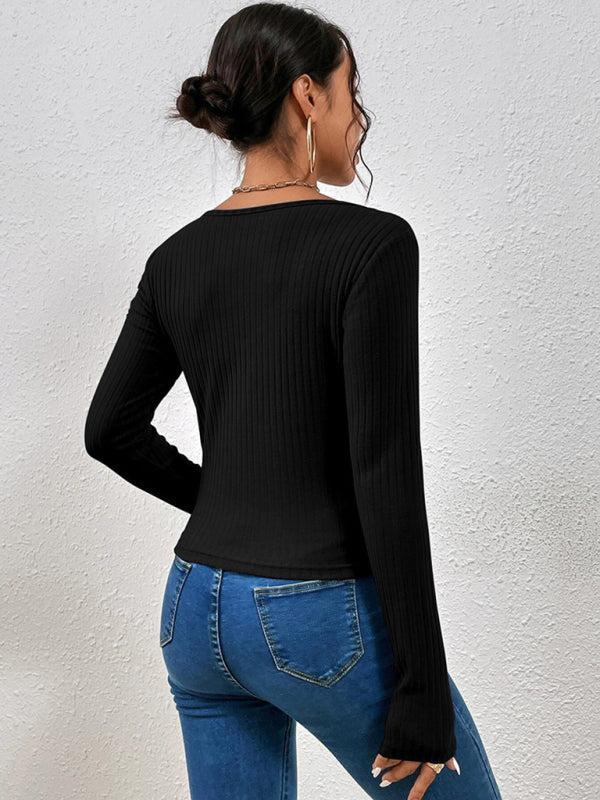 Urviya Top | Dames Herfst Zwarte Geribbelde Lange Mouw Top met Kruisband Voorzijde
