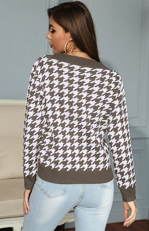 Ursula Jumper | Dames Herfst Diepe V-hals Houndstooth Gebreide Jumper