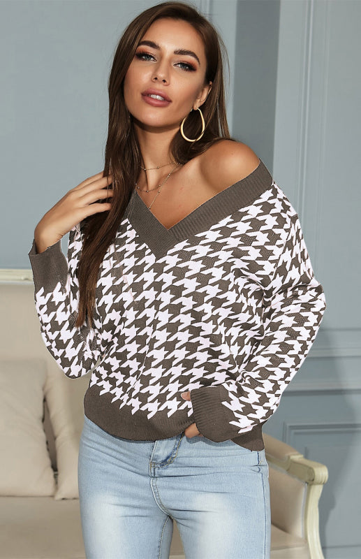 Ursula Jumper | Dames Herfst Diepe V-hals Houndstooth Gebreide Jumper