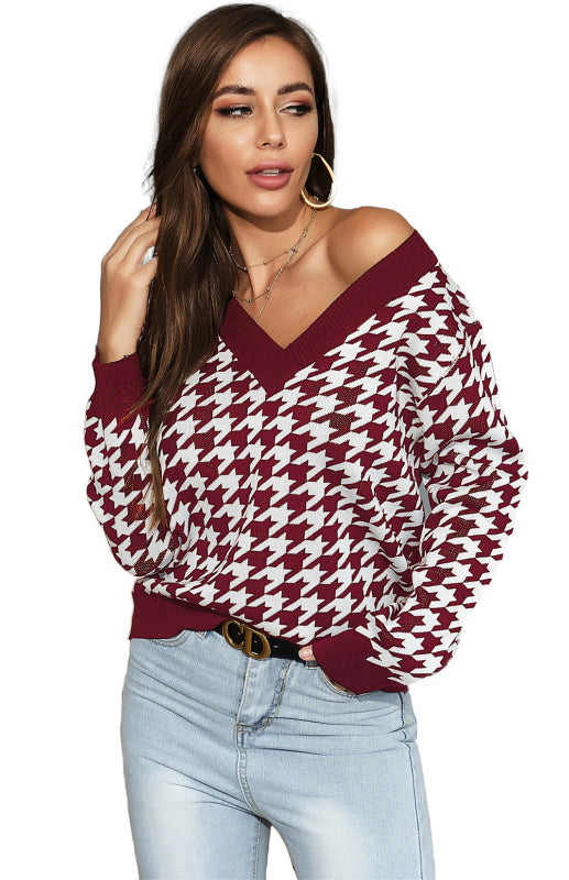 Ursula Jumper | Dames Herfst Diepe V-hals Houndstooth Gebreide Jumper