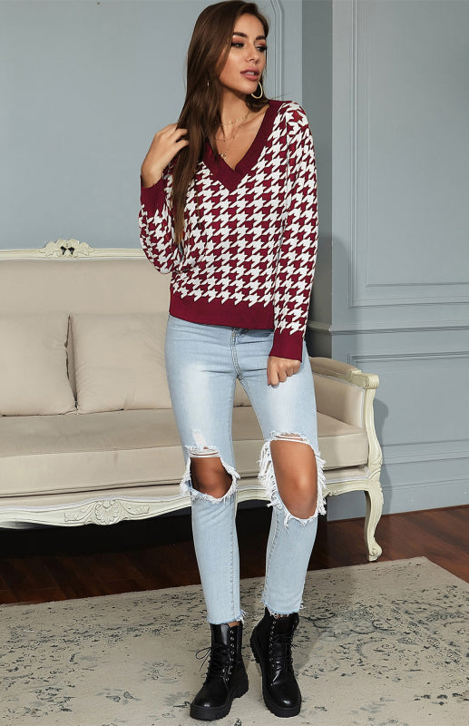 Ursula Jumper | Dames Herfst Diepe V-hals Houndstooth Gebreide Jumper