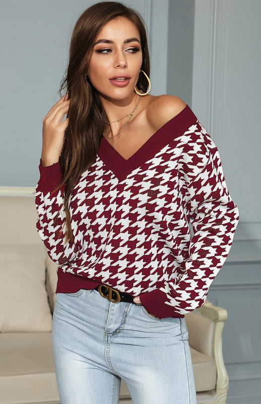 Ursula Jumper | Dames Herfst Diepe V-hals Houndstooth Gebreide Jumper