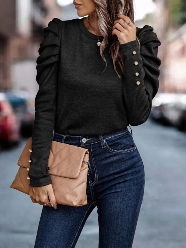 Urshula Top | Dames Herfst Getailleerde Top met Ronde Hals en Lange Ruches Mouwen