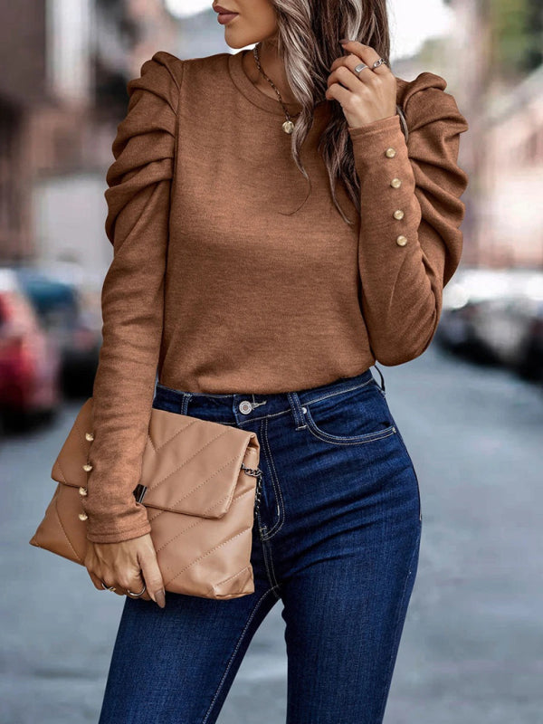 Urshula Top | Dames Herfst Getailleerde Top met Ronde Hals en Lange Ruches Mouwen