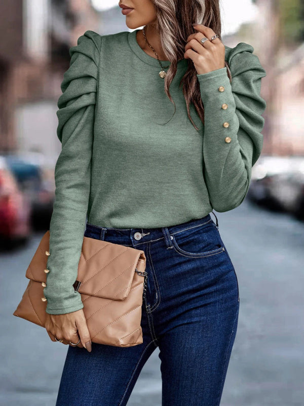 Urshula Top | Dames Herfst Getailleerde Top met Ronde Hals en Lange Ruches Mouwen