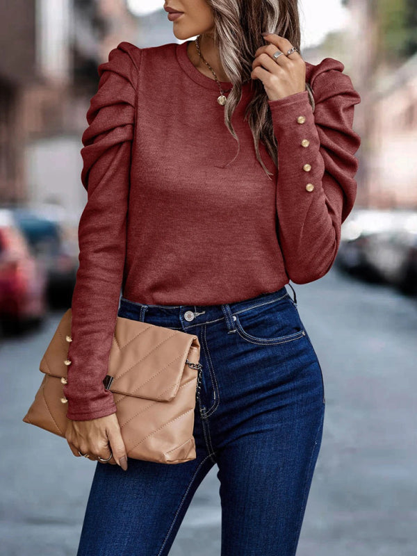 Urshula Top | Dames Herfst Getailleerde Top met Ronde Hals en Lange Ruches Mouwen