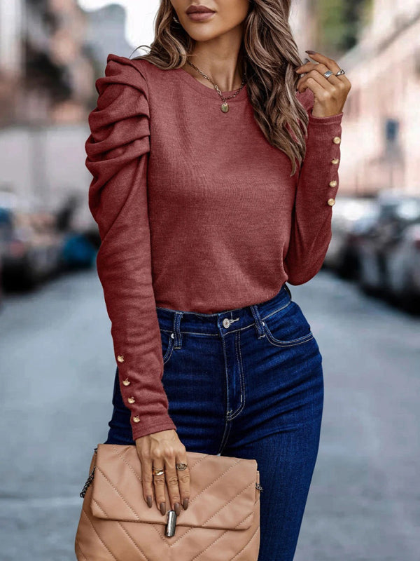 Urshula Top | Dames Herfst Getailleerde Top met Ronde Hals en Lange Ruches Mouwen