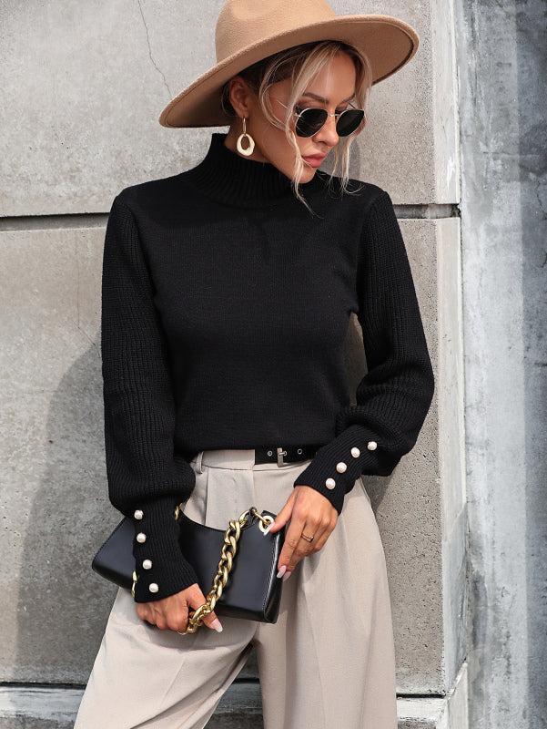 Ubaida Jumperi | Dames Herfst Gebreide Coltrui Met Parel Detail Aan De Mouwen