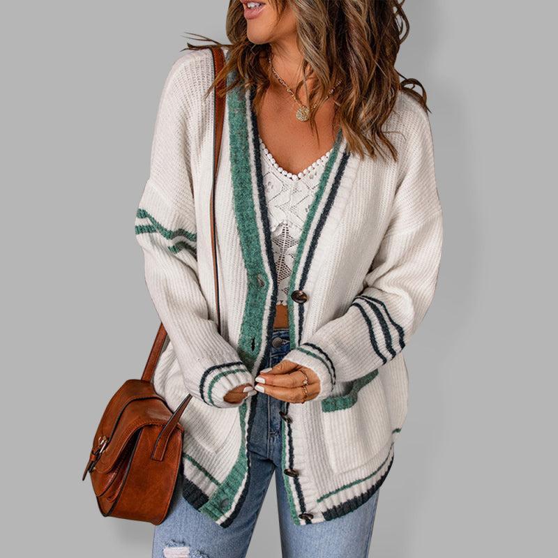 Usma Vest | Dames Herfst Gebreid Vest met Gestreepte Randen en Pockets