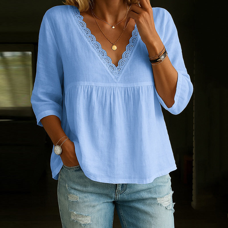 Vena Blouse | Dames 3/4 Mouw V-hals Blouse met Kantafwerking en Losse Pasvorm