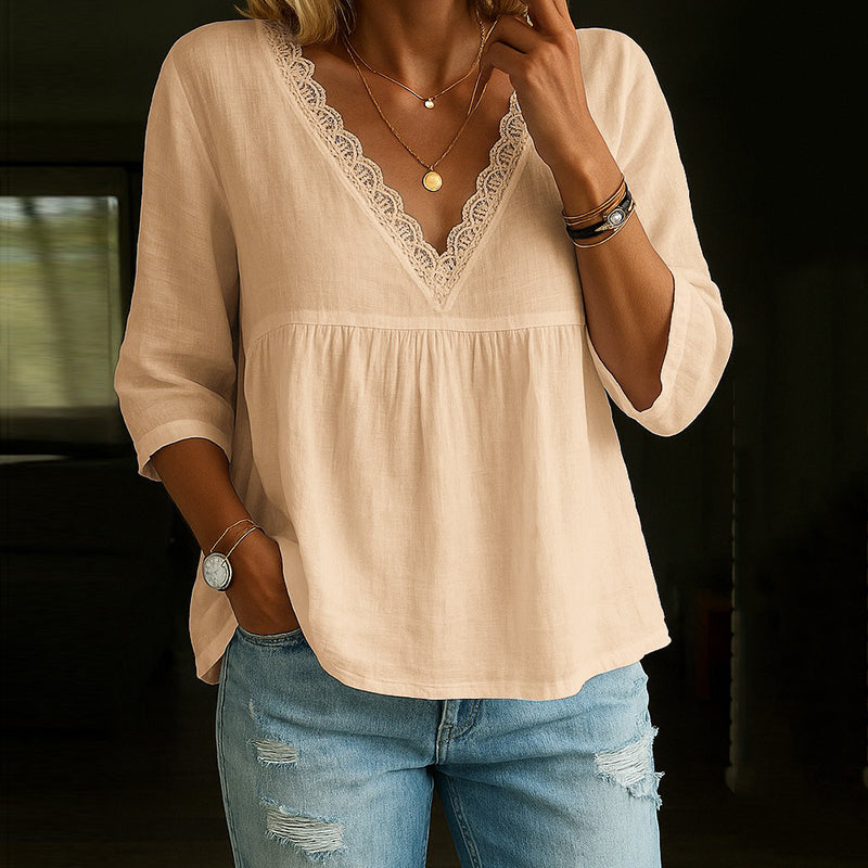 Vena Blouse | Dames 3/4 Mouw V-hals Blouse met Kantafwerking en Losse Pasvorm