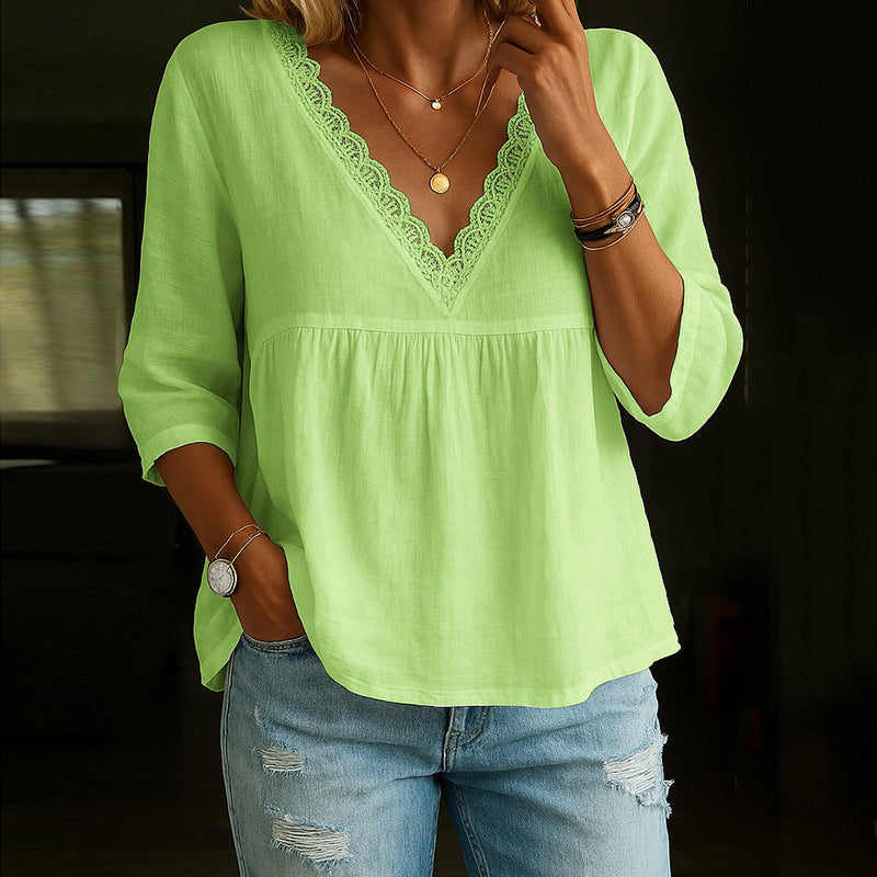 Vena Blouse | Dames 3/4 Mouw V-hals Blouse met Kantafwerking en Losse Pasvorm