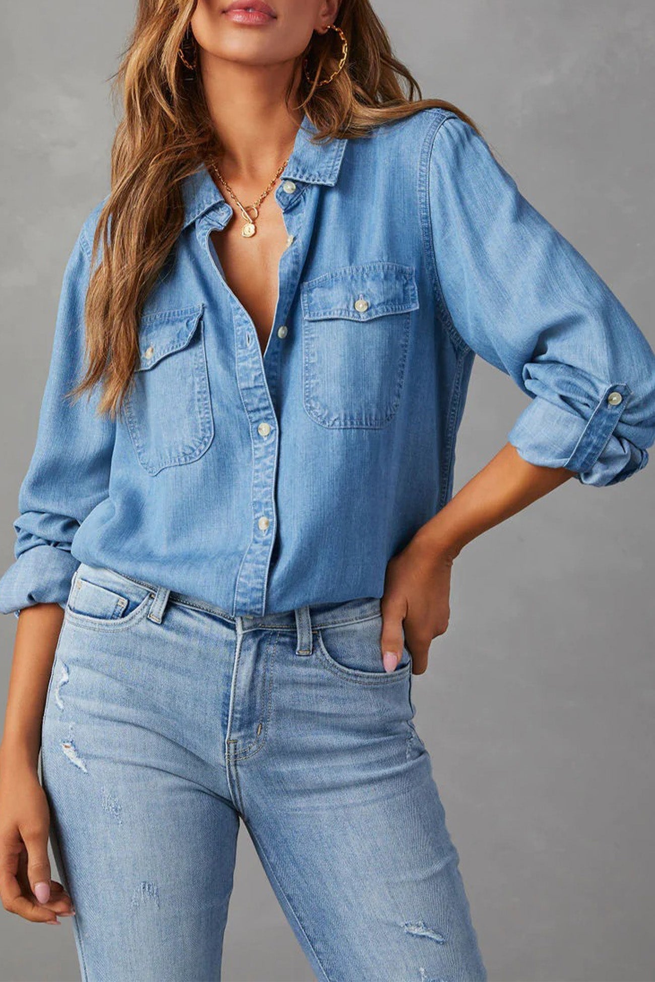 Salome Blouse | Dames Herfst Denim Blouse met Knopen en Lange Mouwen