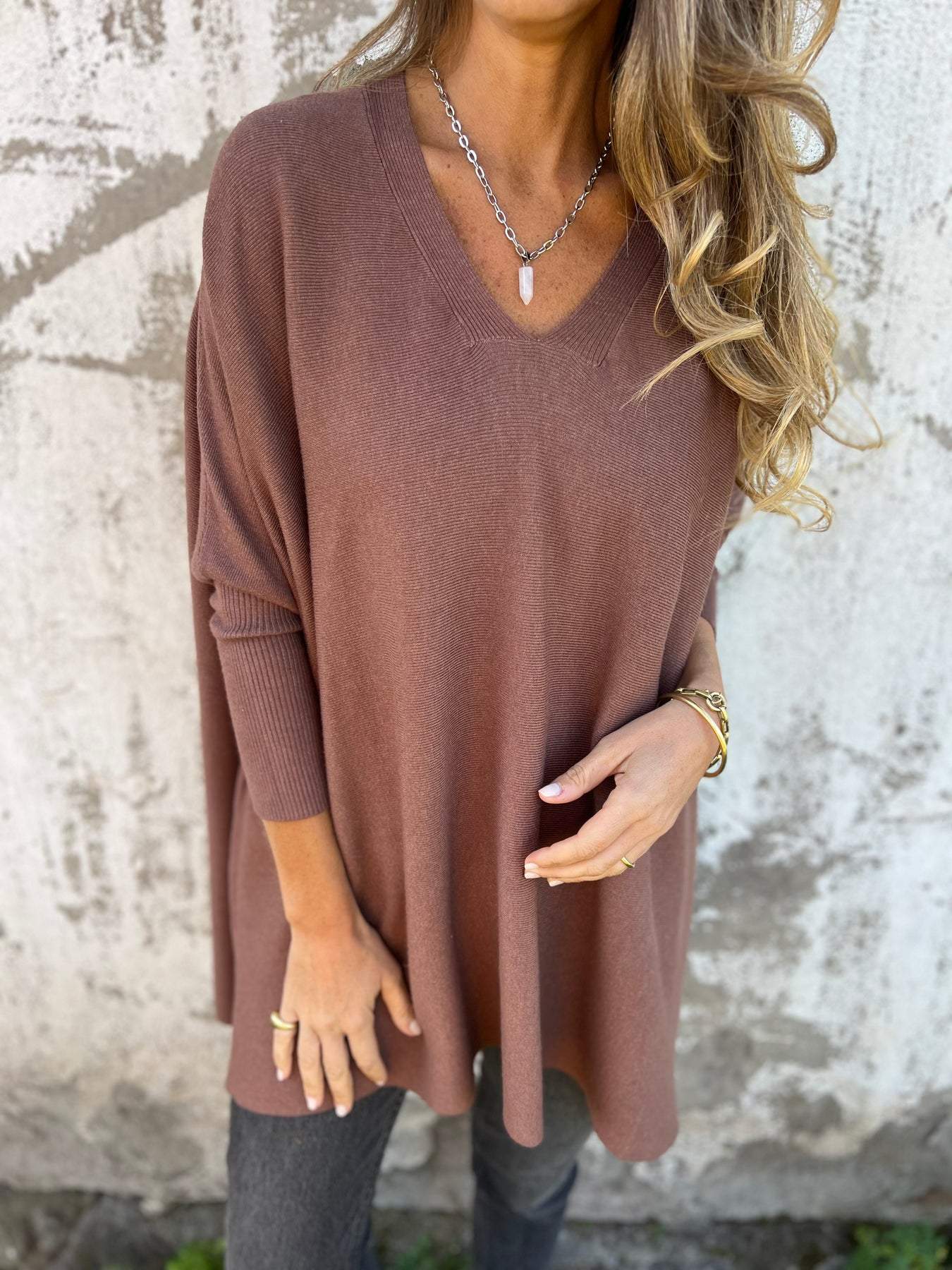 Vera Trui | Dames Herfst Oversized Gebreide V-Hals Trui met Lage Schouders