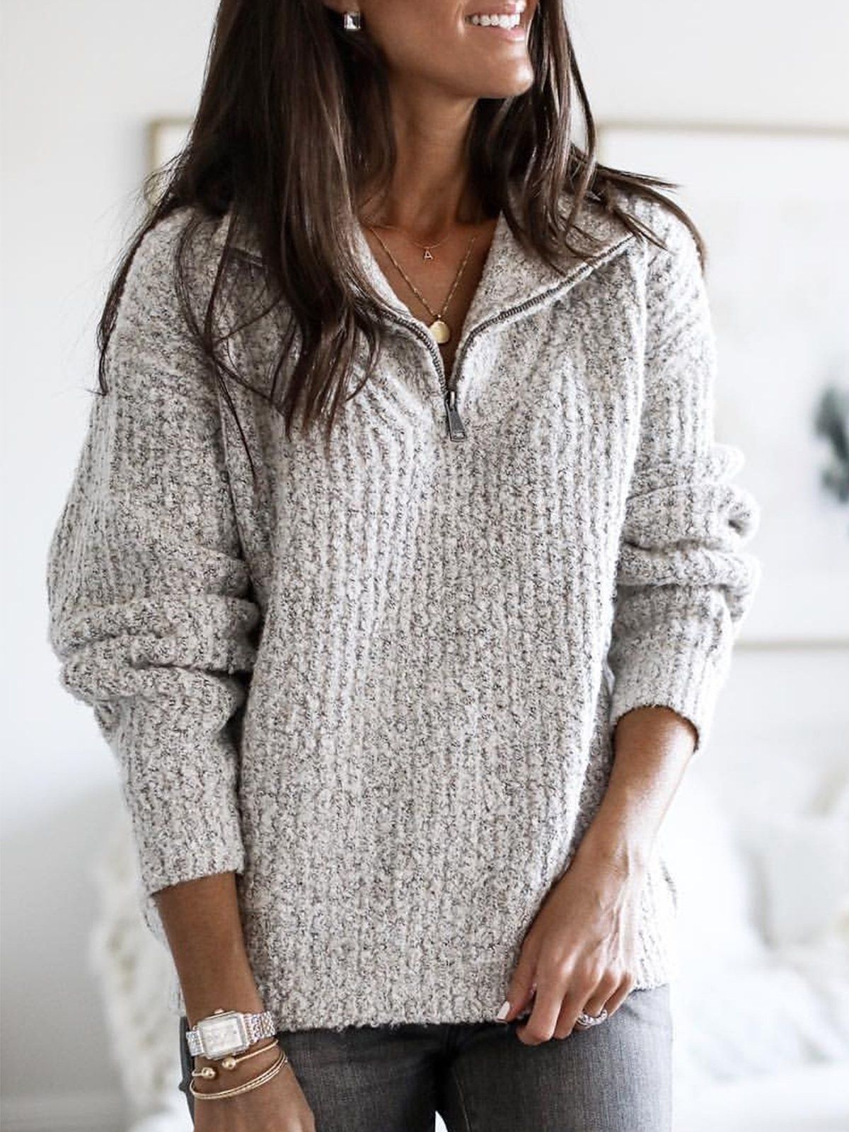 Valina Jumper | Dames Herfst Half Zip Jumper met Textuurbreisel en Opstaande Kraag