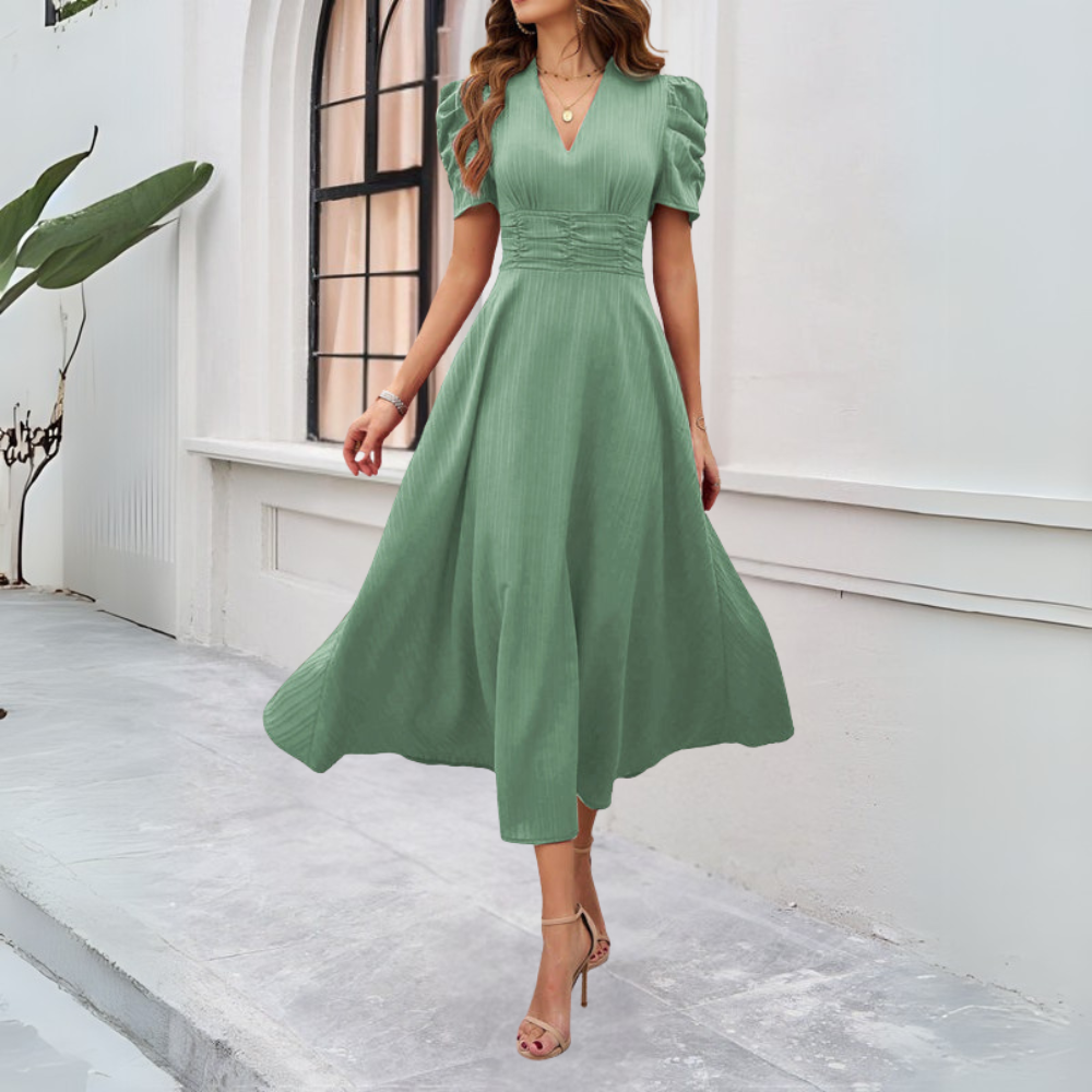 Verona Jurk | Dames Herfst Maxi Jurk met V-Hals, Pofmouwen en Getailleerde Taille