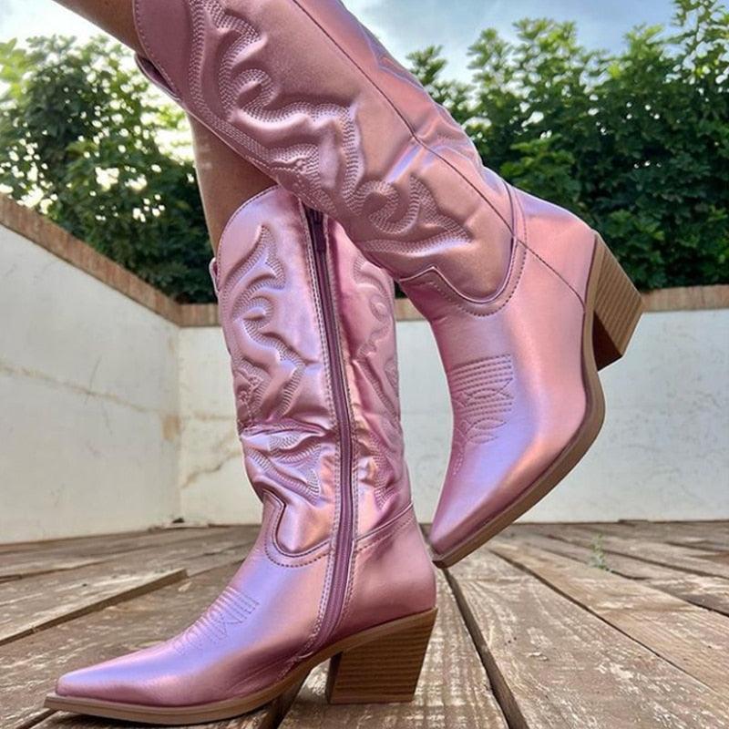 Irmina Laarzen | Roze Metallic Halfhoge Cowboylaarzen - Carla Moda