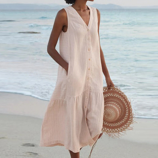 Dames Mouwloze Midi Jurk met Knopen