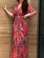 Dames Retro Bloemenprint Wikkel Maxi Jurk