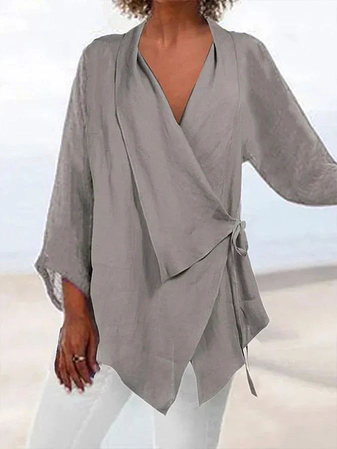 Wilda Blouse | Katoen-Linnen Wikkelblouse met Strik