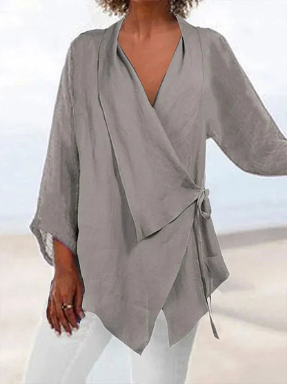 Wilda Blouse | Katoen-Linnen Wikkelblouse met Strik