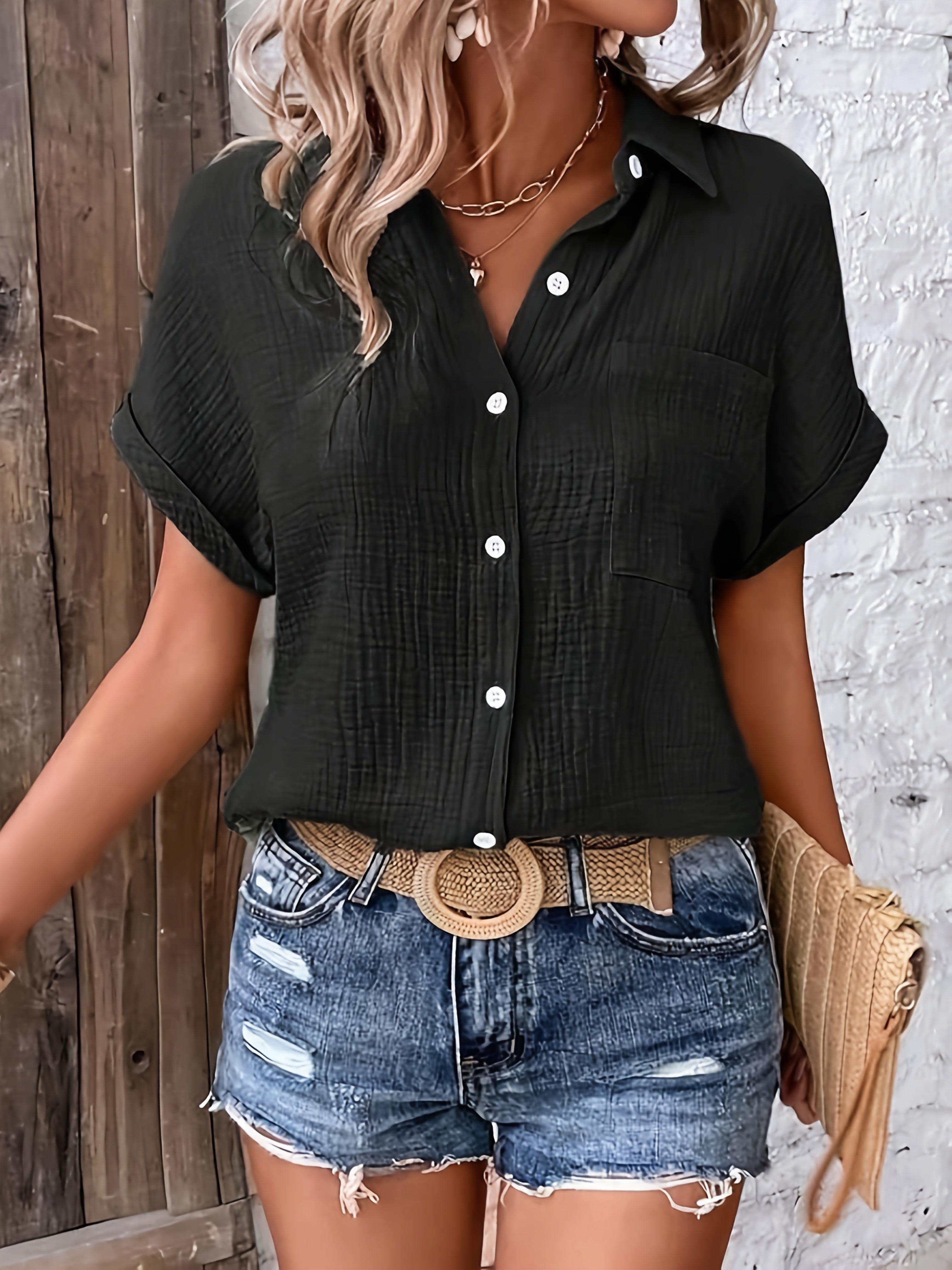 Dames Getextureerde Zomer Blouse Met Knopen