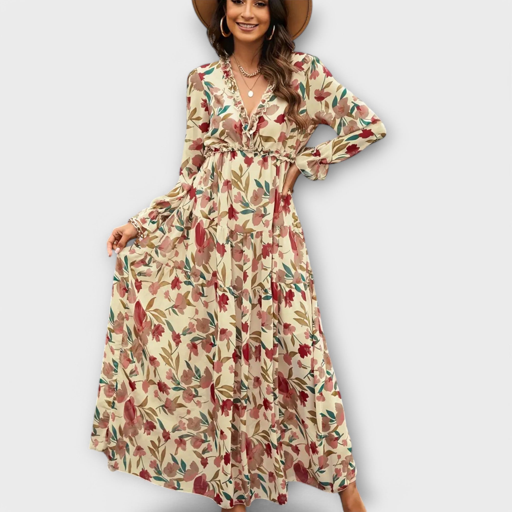 Dames Bloemenprint Maxi Jurk V Hals Lange Mouwen
