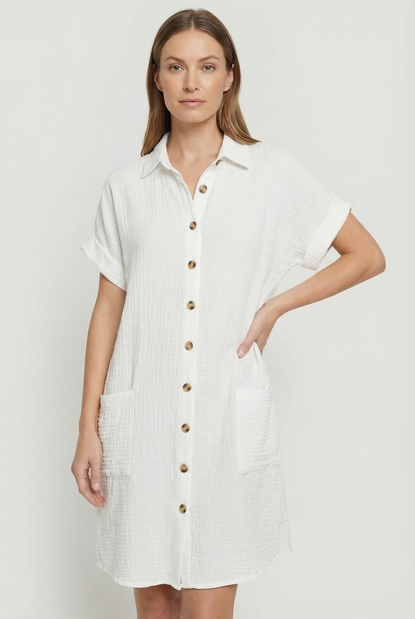 Women's Cotton Blend Shirt Mini Dress Short Sleeve