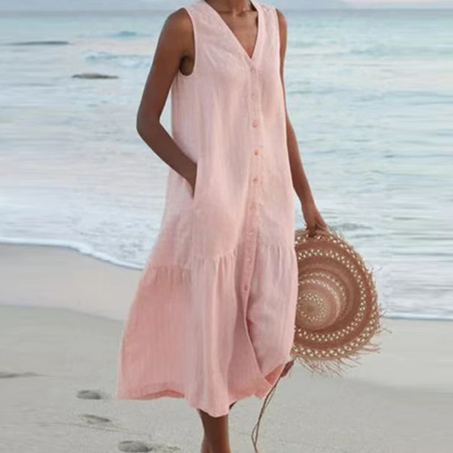 Dames Mouwloze Midi Jurk met Knopen