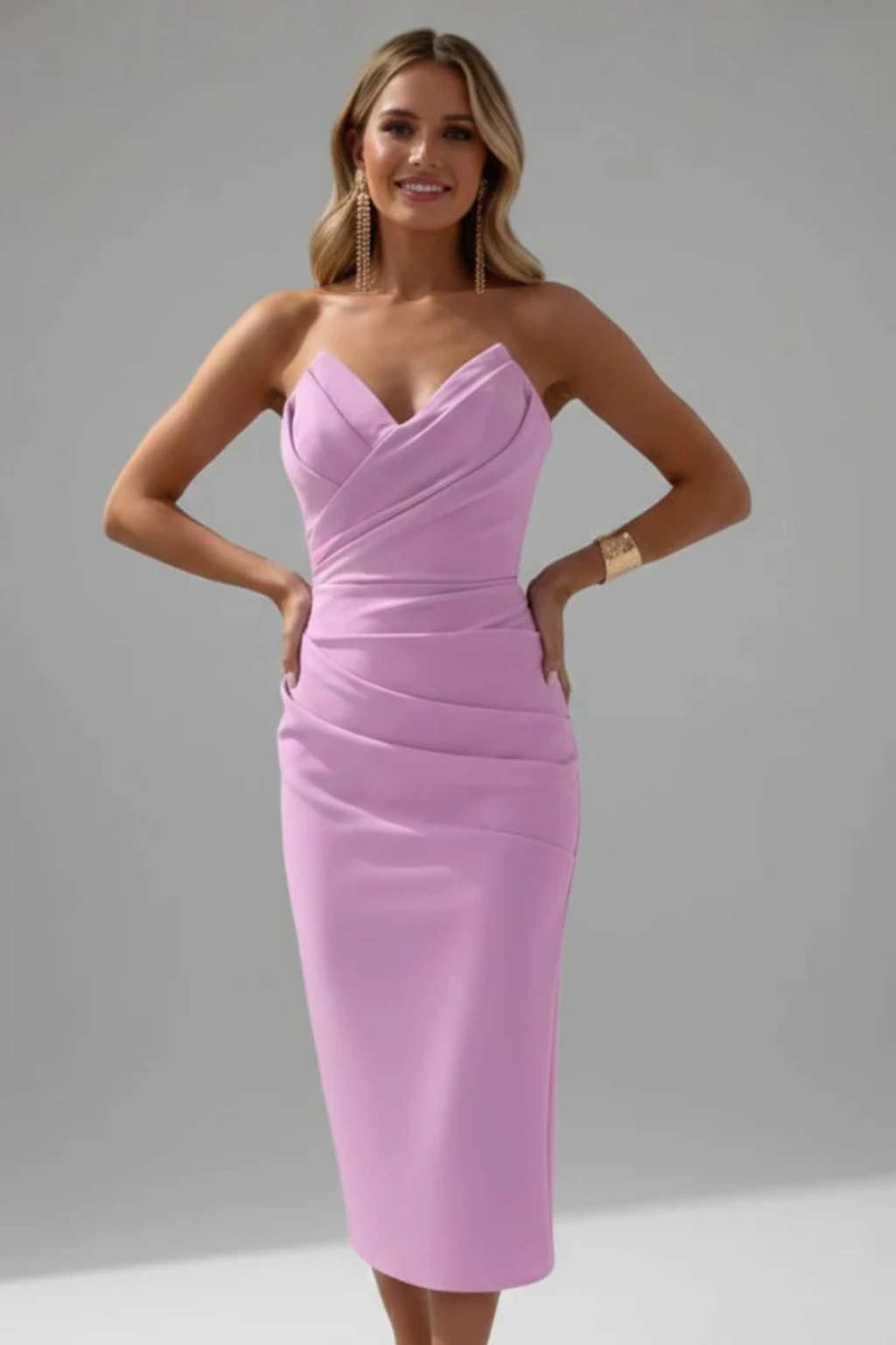 Dames Strapless Midi Jurk met Hartvormige Halslijn