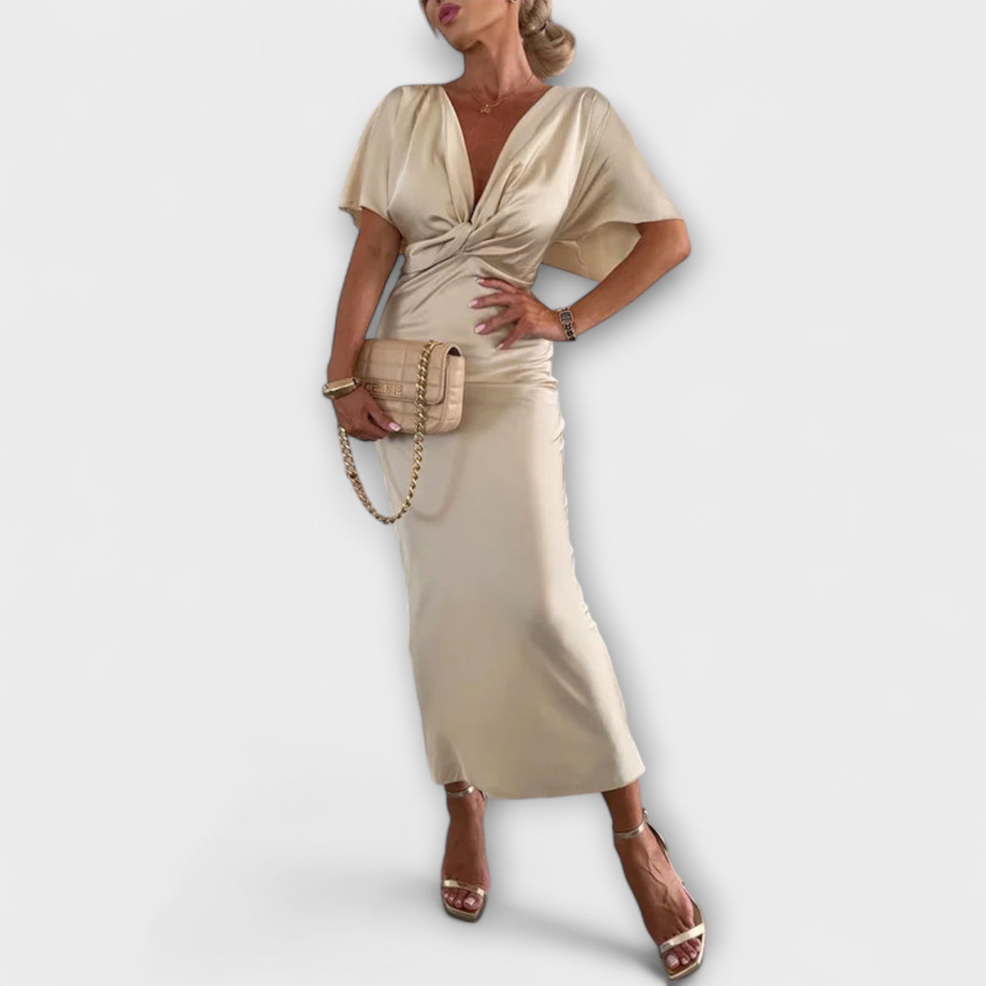 Dames Satin Maxi Jurk met V-hals en Slim Fit