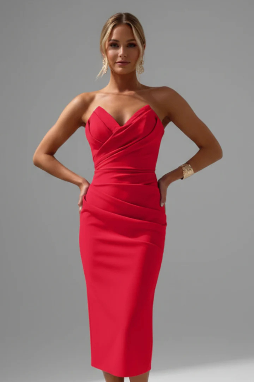 Dames Strapless Midi Jurk met Hartvormige Halslijn