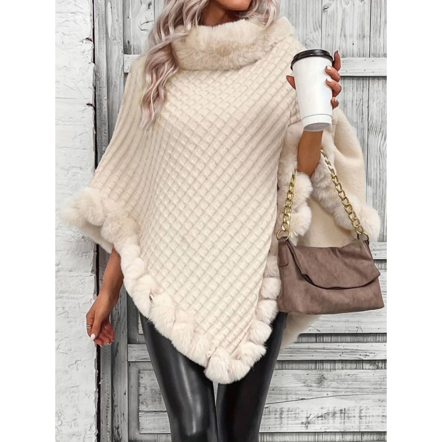Carmen Poncho | Dames Winter Gebreide Poncho met Imitatiebont