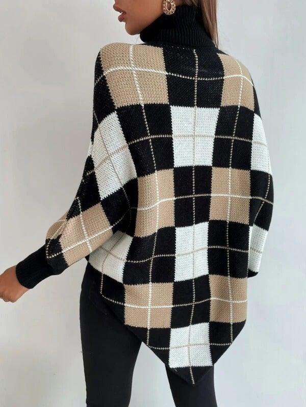 Wisteria Trui | Gebreide Poncho met Hoge Hals en Ruitpatroon